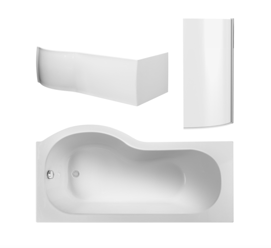 Nuie P-Shape 1700mm Shower Bath, Front Panel & Screen - Right Hand